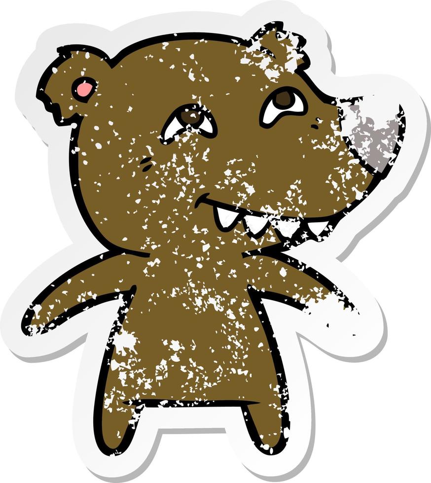 distressed sticker of a cartoon bear showing teeth vector