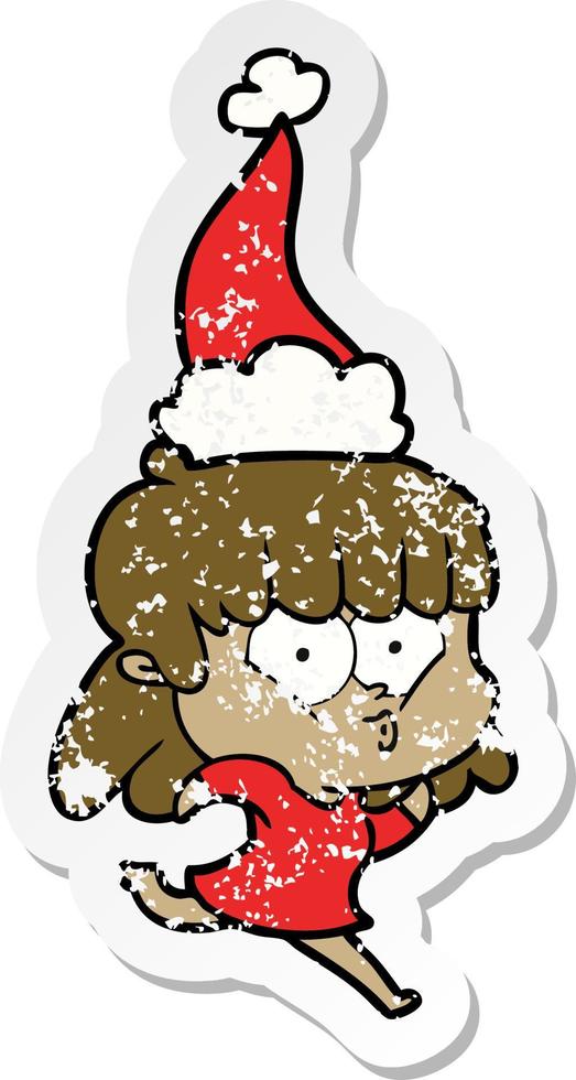 distressed sticker cartoon of a whistling girl wearing santa hat vector