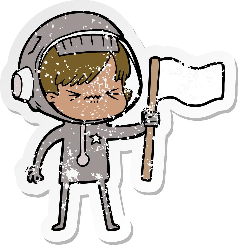 distressed sticker of a angry cartoon space girl waving flag vector