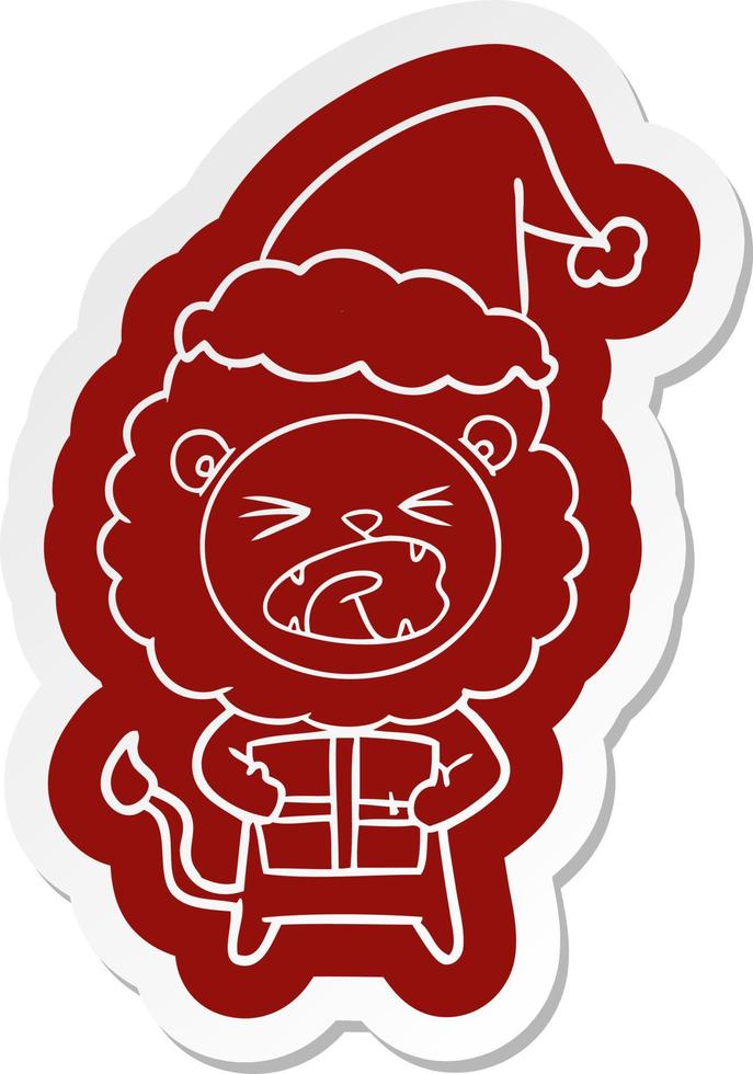 cartoon  sticker of a lion with christmas present wearing santa hat vector