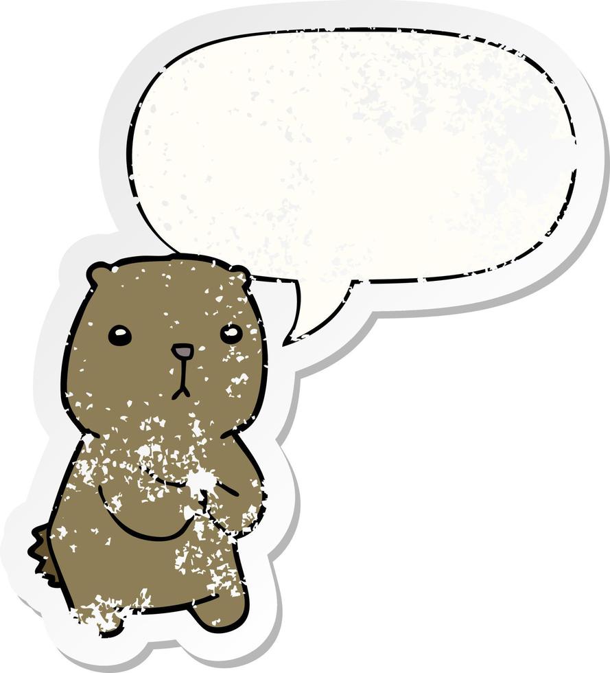 cartoon worried bear and speech bubble distressed sticker vector