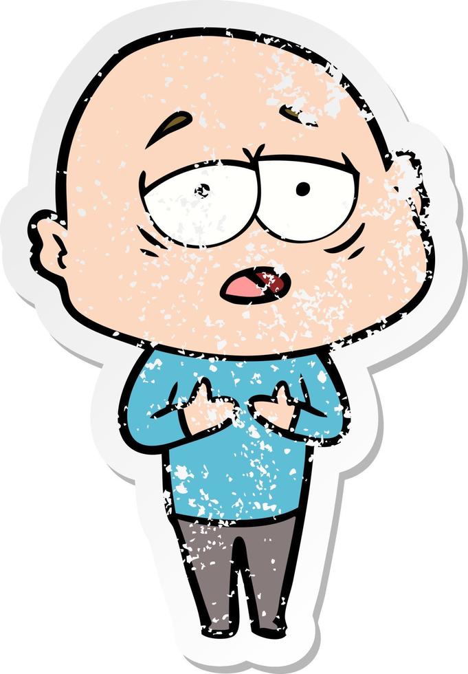 distressed sticker of a cartoon tired bald man vector