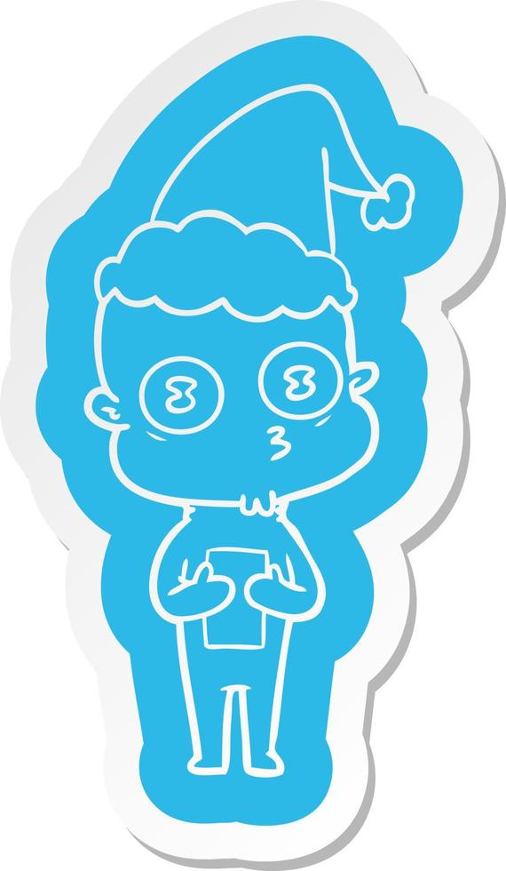 cartoon  sticker of a weird bald spaceman wearing santa hat vector