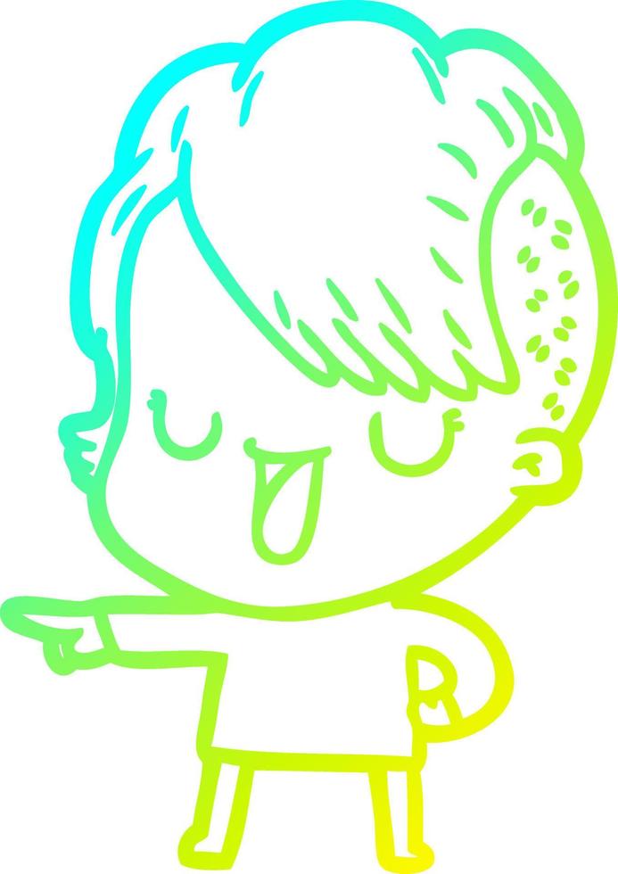 cold gradient line drawing cute cartoon girl with hipster haircut vector