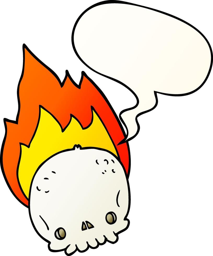 spooky cartoon flaming skull and speech bubble in smooth gradient style vector