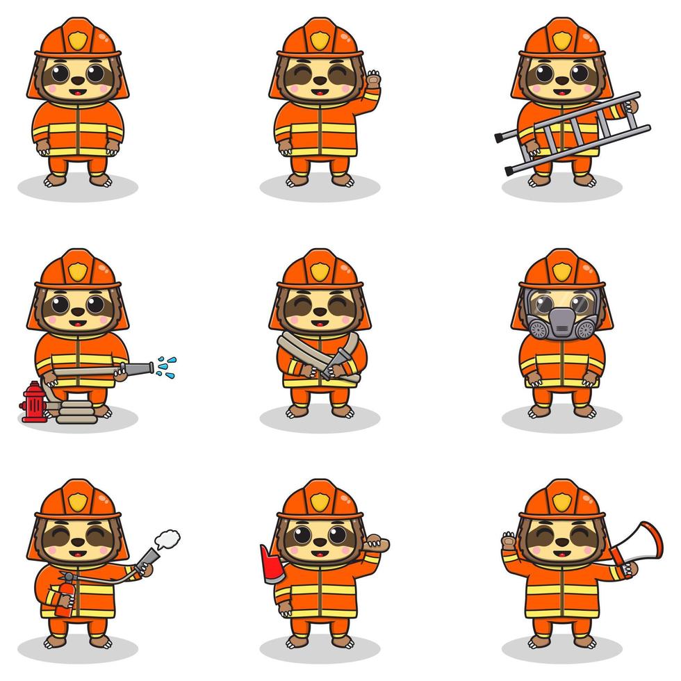 ilustración vectorial de dibujos animados perezosos con traje de bombero. conjunto de lindos personajes perezosos. colección de divertidos perezosos aislados en un fondo blanco. vector