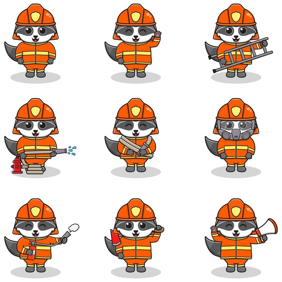 ilustración vectorial de dibujos animados de mapache con traje de bombero. conjunto de lindos personajes de mapache. colección de mapaches divertidos aislados en un fondo blanco. vector