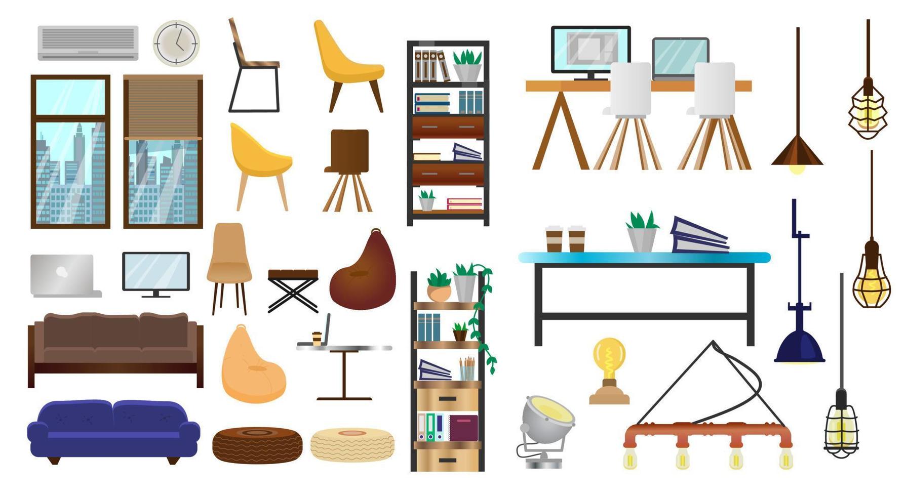 Vector set of furniture for creative loft interior, coworking or open space. Modern lamps, cupboards with books and folders, chairs, tables, sofas, windows with cityscape. Flat design.
