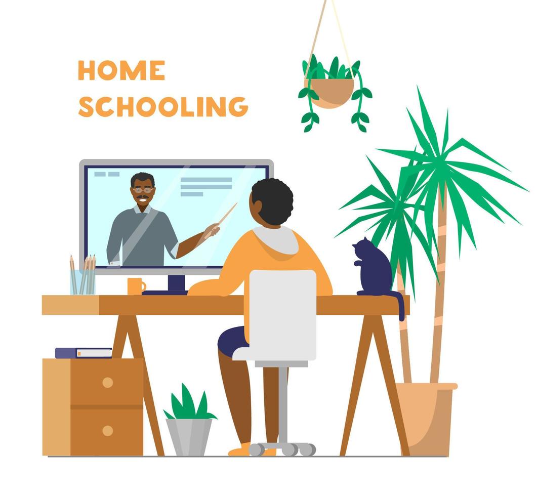 Afro-american kid sits at table and looks at teacher on screen. Home schooling or online learning concept. Flat vector illustration.