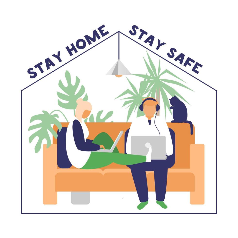 Couple working or studying from home due to coronavirus quarantine. Stay home stay safe motivational banner. Flat vector illustration.
