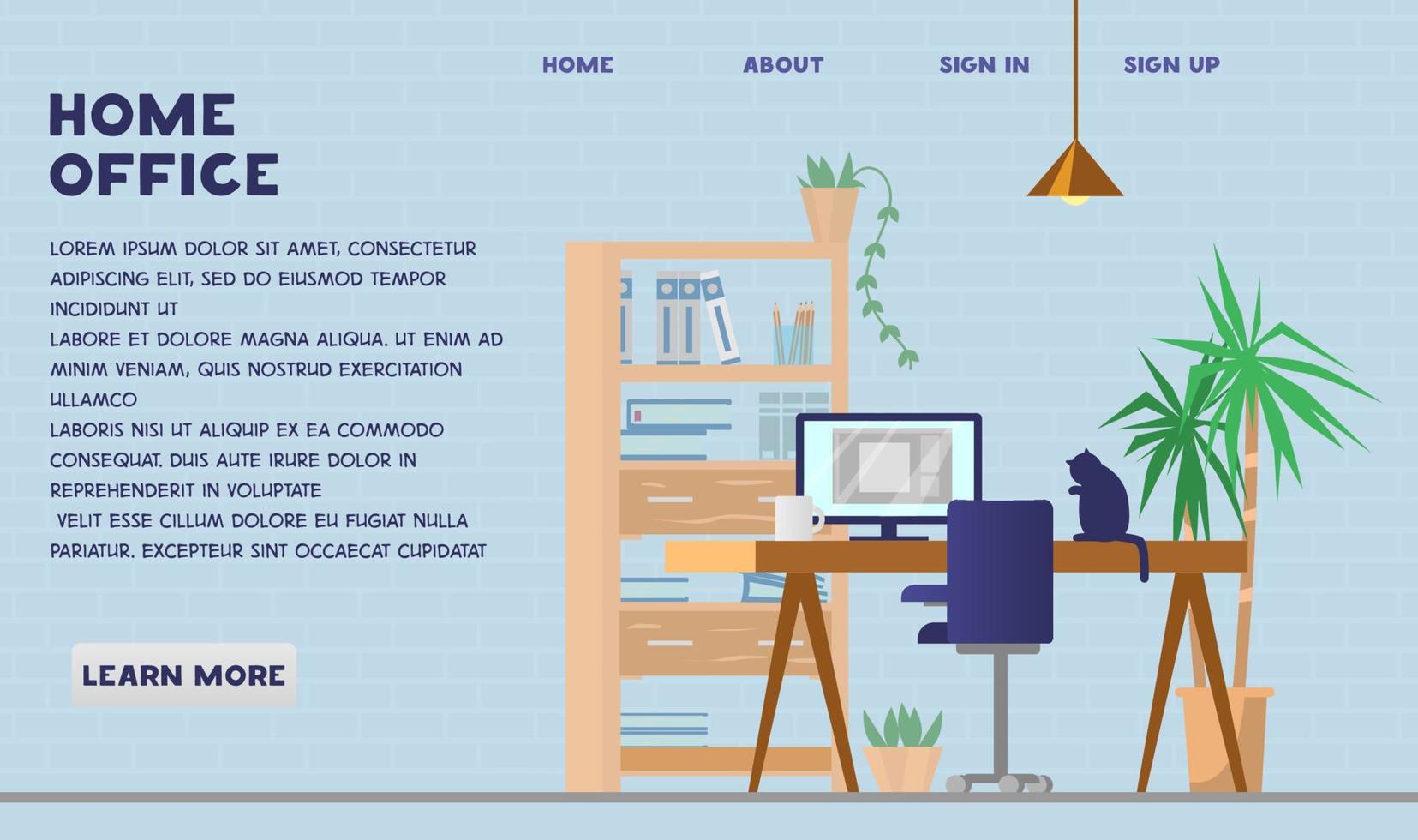 Home office interior with desk, computer, cupboard, plants and cat. Web page template. Work place illustration. Flat vector. vector