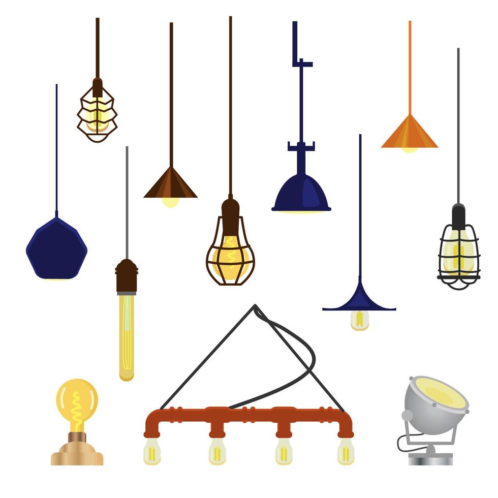 Vector set of modern loft lamps. Isolated on white. Elements for interior design. Hanging and floor lamps. Flat style.