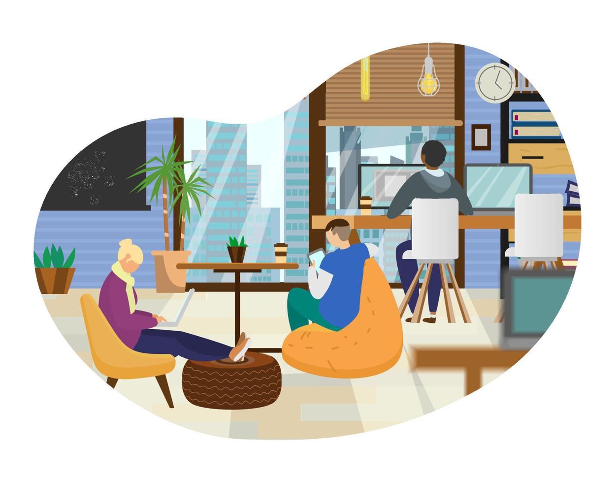 Coworking office with different people working at computers and tablet. Loft interior with modern furniture. Creative workplace. Flat vector. vector