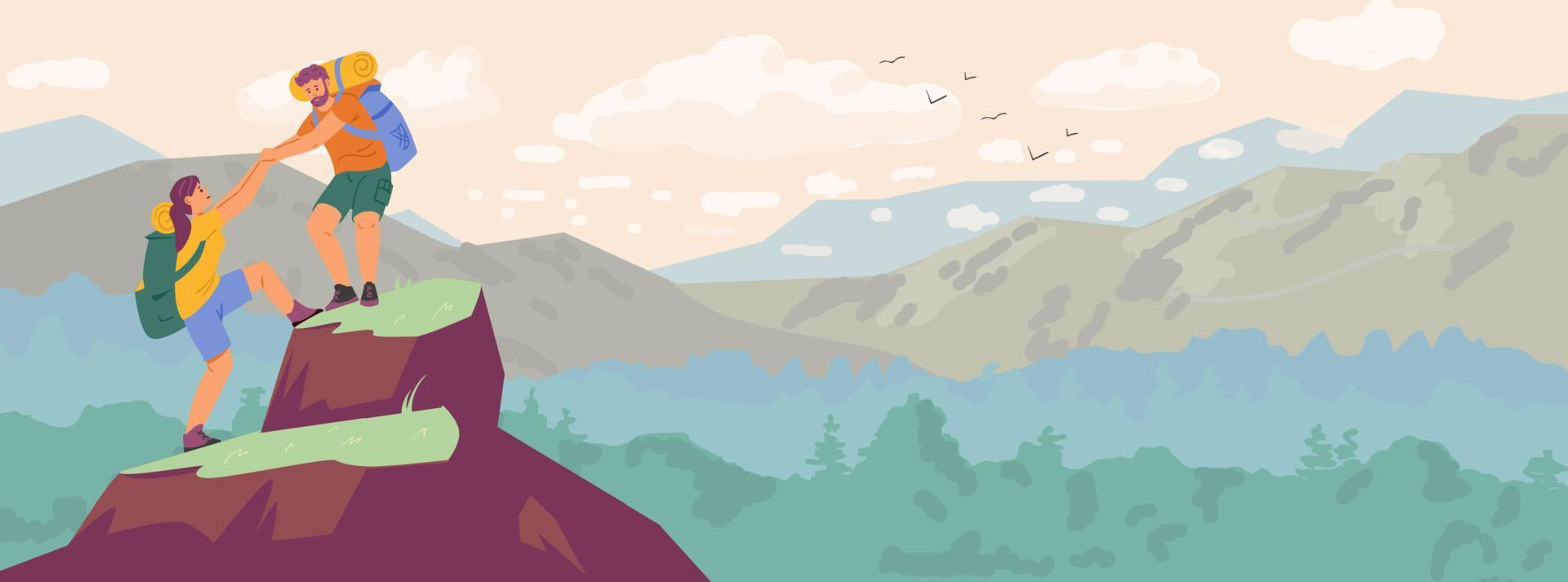 Couple climbing a mountain horizontal banner. Man and woman hiking vector illustration.