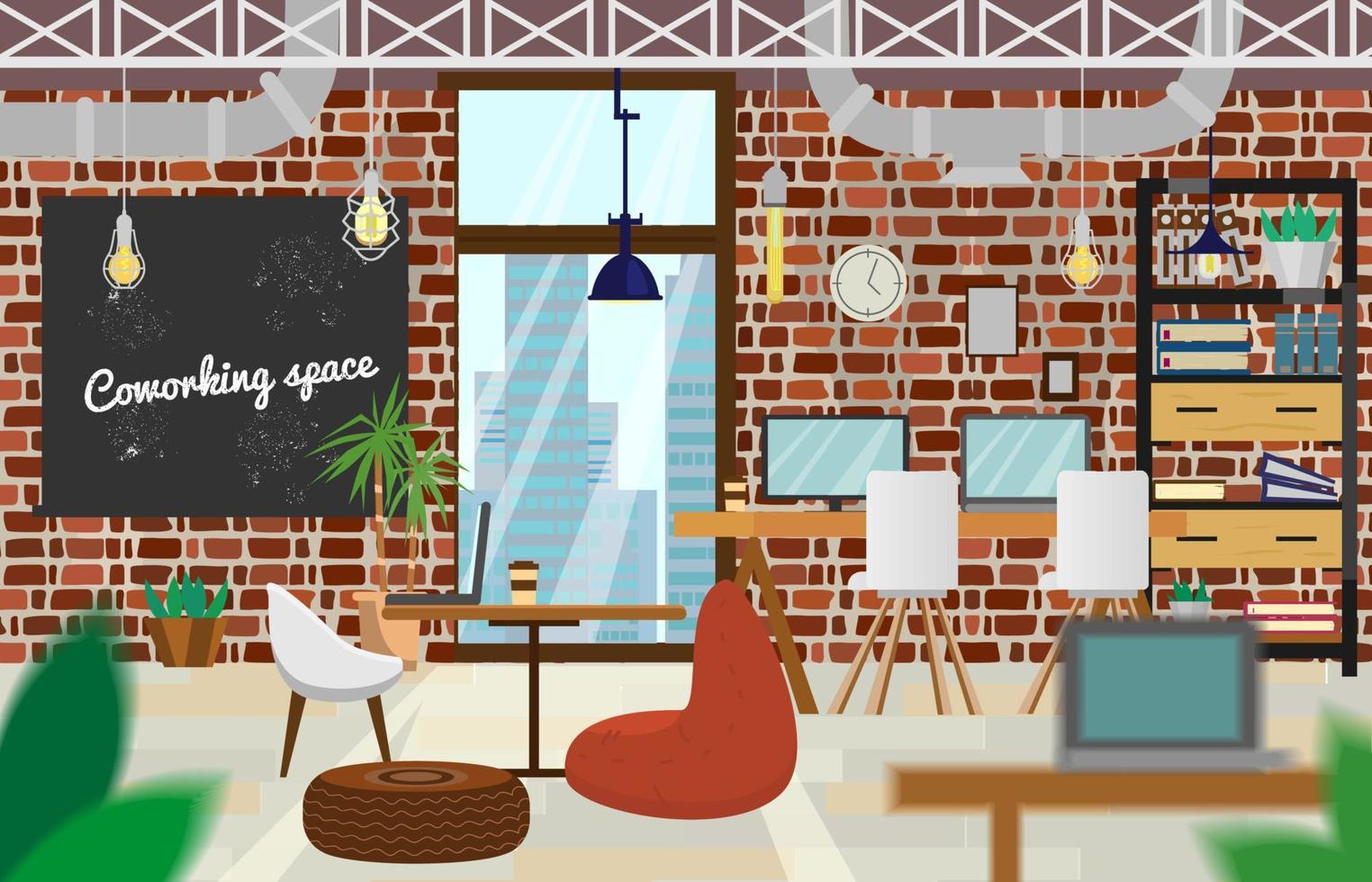 interior de espacio de coworking en estilo loft. oficina de espacio abierto con paredes de ladrillo, tuberías, lámparas, sillones, plantas, ventana con paisaje urbano, computadoras portátiles, librería. vector plano