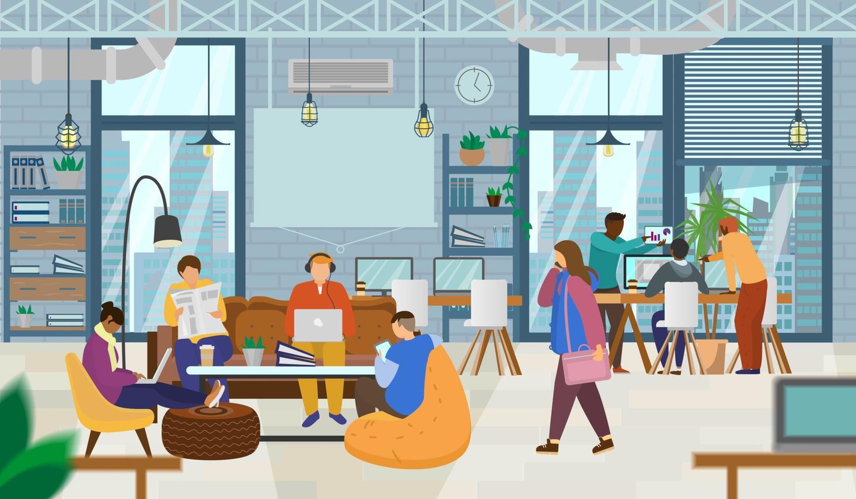 Young creative people working in coworking office. Open space, loft,  coworking space interior with modern furniture. Flat vector illustration.  8608124 Vector Art at Vecteezy