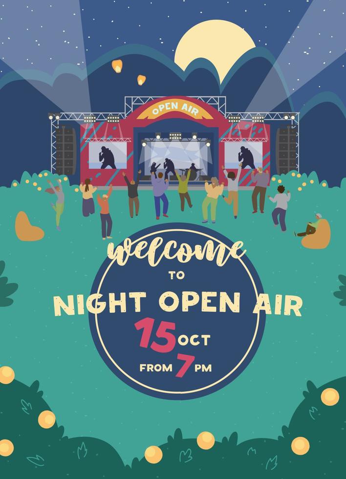 Vector Welcome To Night Open Air Festival Invitation. Vertical Banner Design With  Music Stage And People Dancing At Night. Party Invitation.