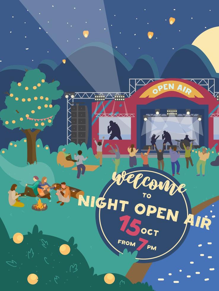 vector bienvenido a la invitación del festival nocturno al aire libre. diseño de banner vertical con escenario musical y gente bailando por la noche. invitación de fiesta.