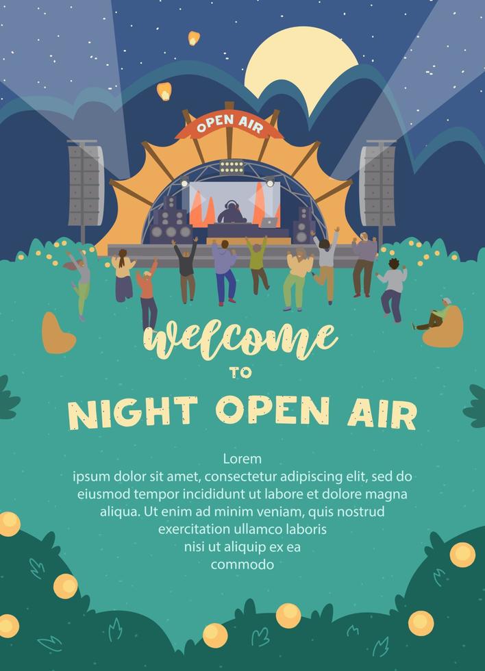 Vector Welcome To Night Open Air Festival Invitation. Vertical Banner Design With Electronic Music Stage And People Dancing At Night. Party Invitation.