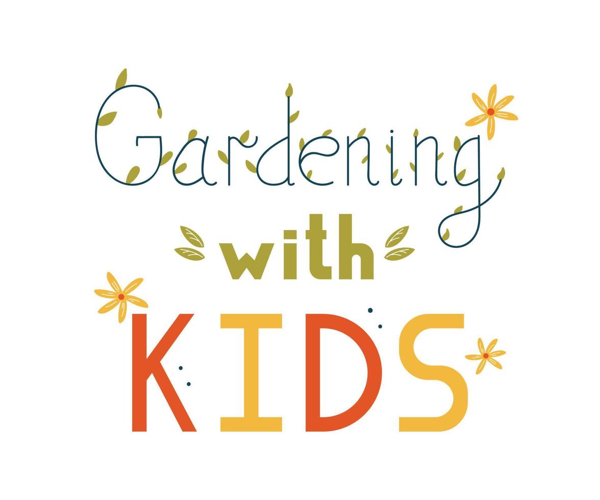 jardinería con banner vectorial para niños. ilustraciones de equipos y herramientas de jardinería, cesta con verduras, plántulas. vector