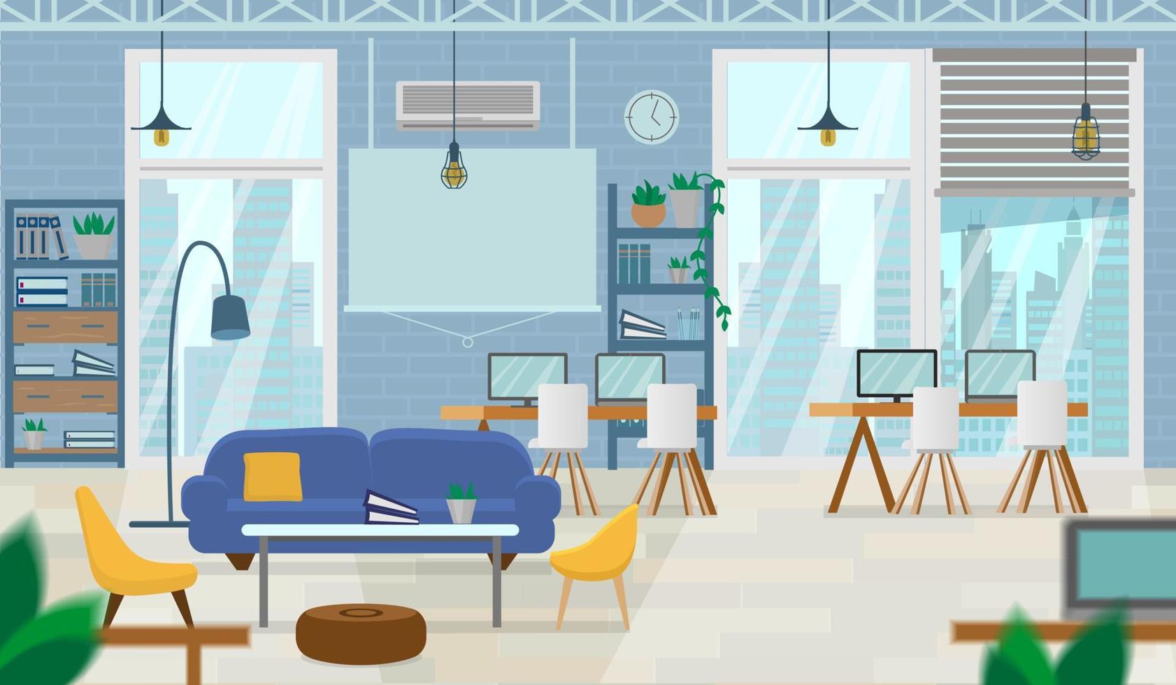 Empty open space, loft, coworking space interior with modern furniture and cityview in windows. Flat vector illustration.