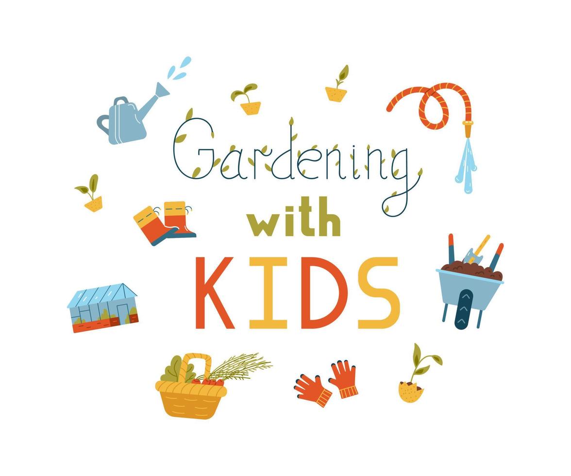 jardinería con banner vectorial para niños. ilustraciones de equipos y herramientas de jardinería, cesta con verduras, plántulas. vector