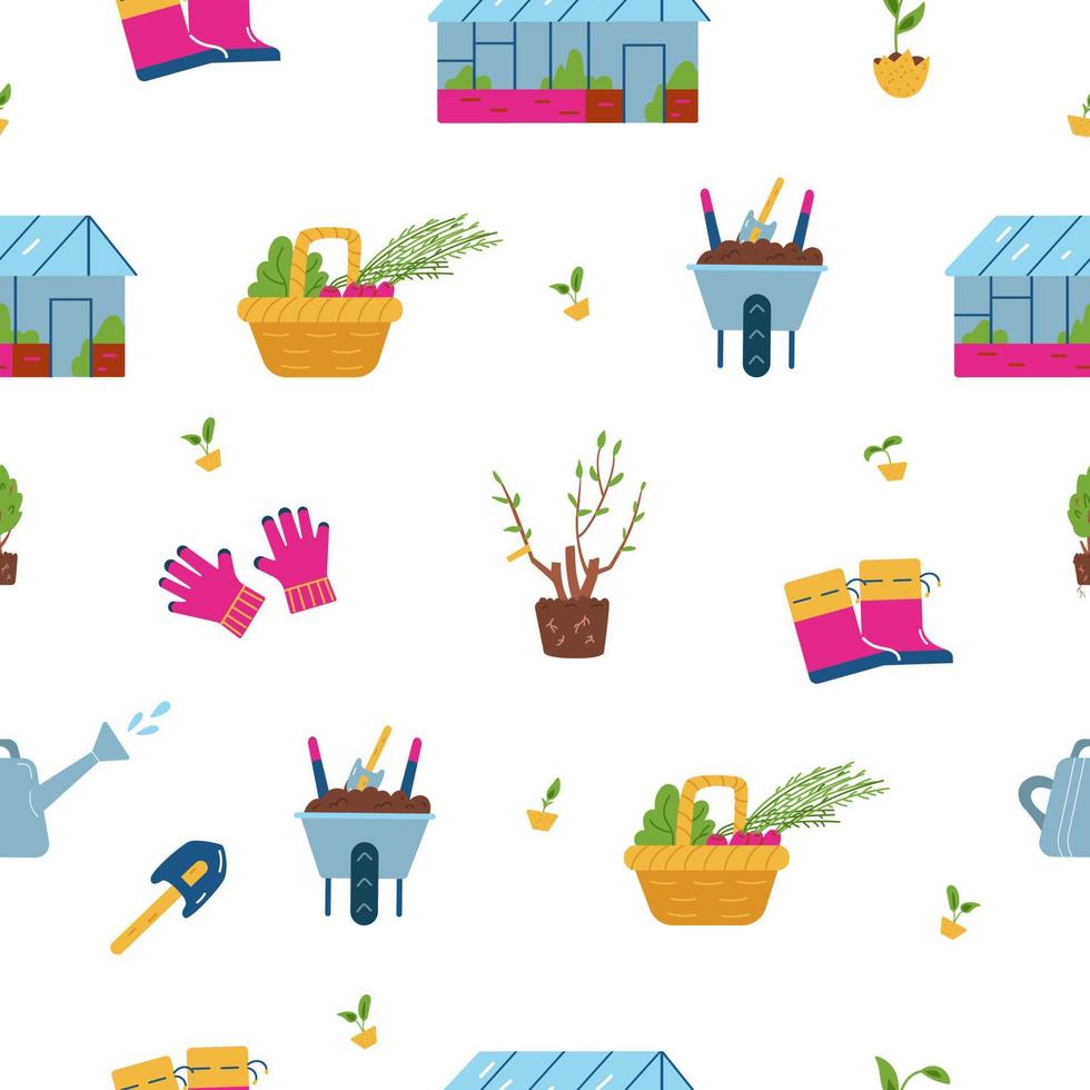 Gardening seamless vector pattern. Illustrations of gardening equipment, seedlings, greenhouse.