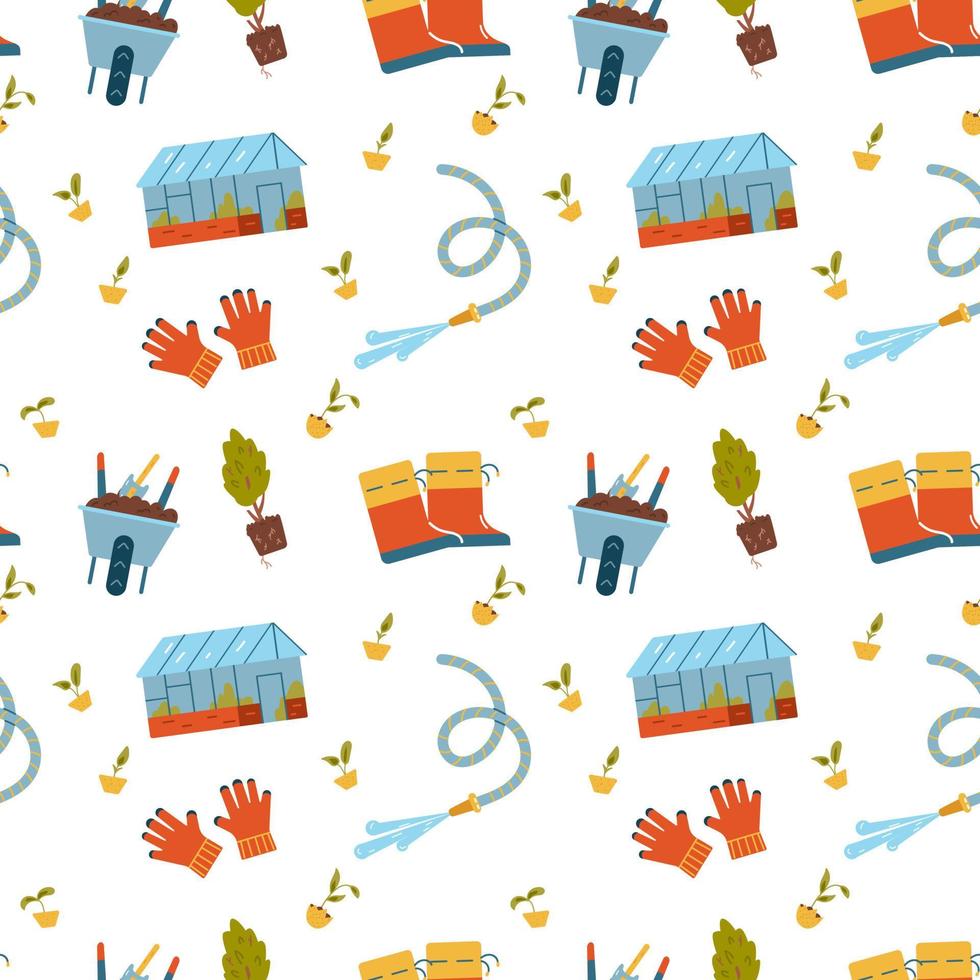 Gardening seamless vector pattern. Illustrations of gardening equipment, seedlings, greenhouse.