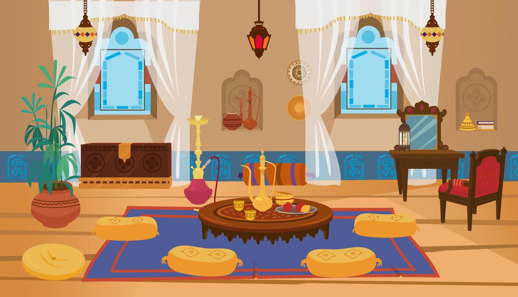 interior de salón de oriente medio con muebles de madera y elementos decorativos. mesa baja redonda con tetera y almohadas, tocador con silla, farolillos con vidrieras. vector de dibujos animados