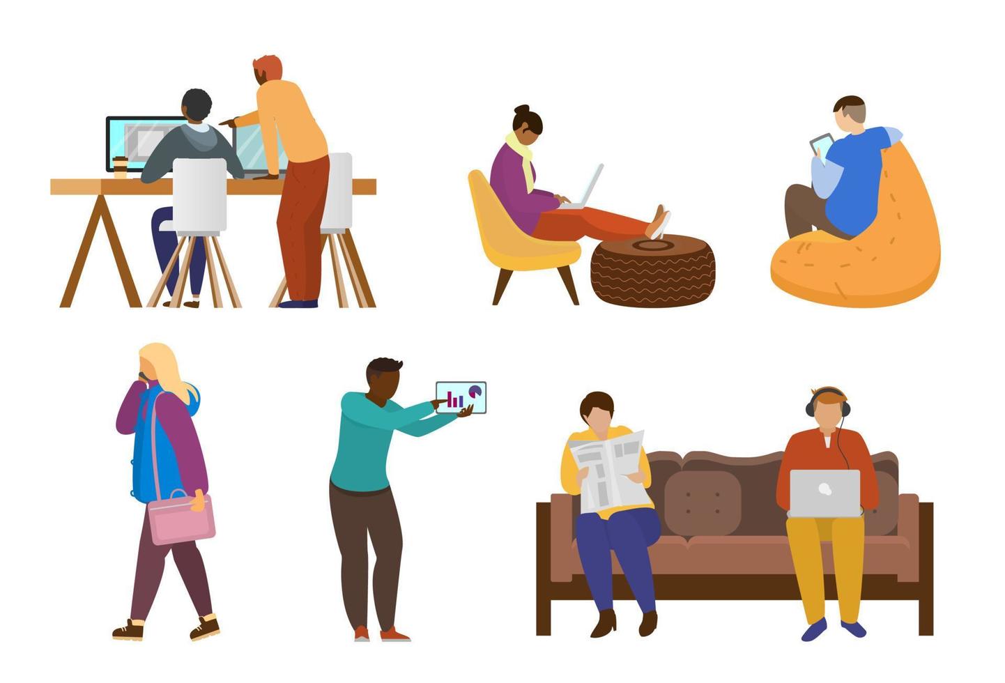 People coworking set. Women and men working at laptops. Creative freelancers. Vector flat illustration.