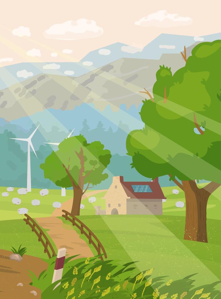 Countryside vertical landscape with trees, forest, mountains, sheep, sun rays, windmills. Countryhouse with solar battery on the roof. Eco life concept. Vector illustration.