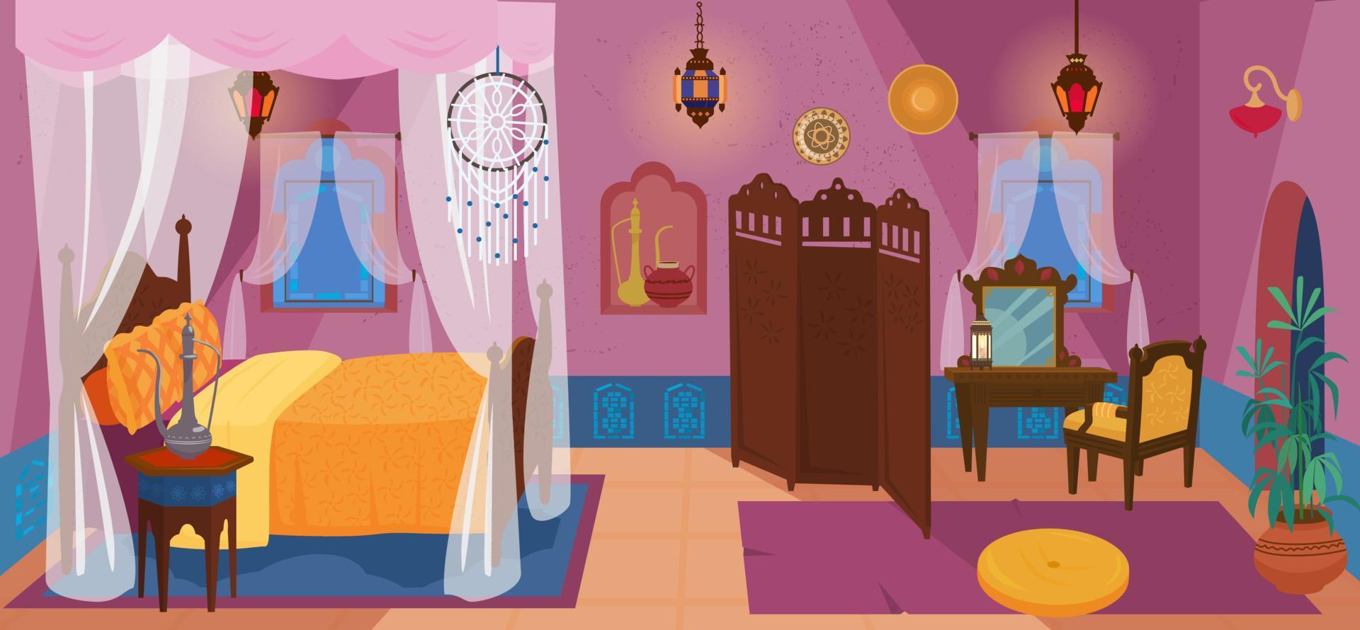 dormitorio tradicional de oriente medio con muebles y elementos de decoración. cama con dosel con atrapasueños, pantalla, farolillos, tocador con silla, cerámica, alfombras, plantas. vector de dibujos animados