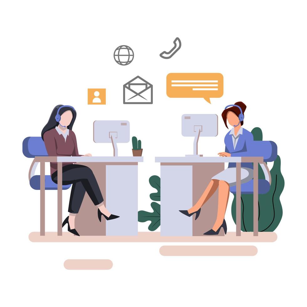 Hotline operators consult customers with headsets on computers flat style illustration vector