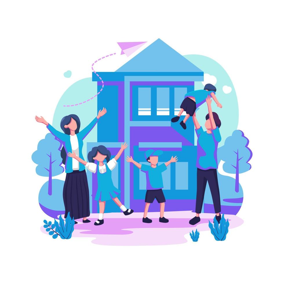 Parents rejoice with their children stand next to a new house flat style illustration vector