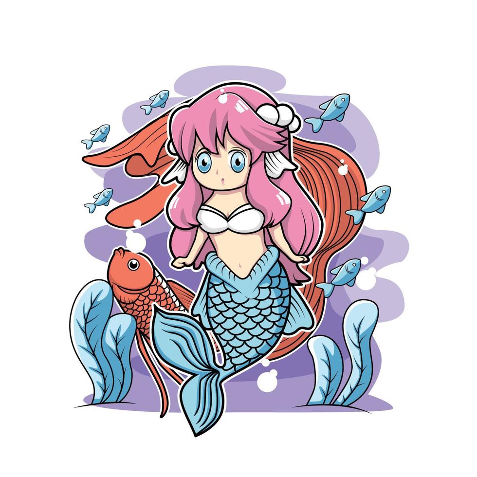 Sirena linda y peces gapi, diseño de ilustraciones vectoriales vector