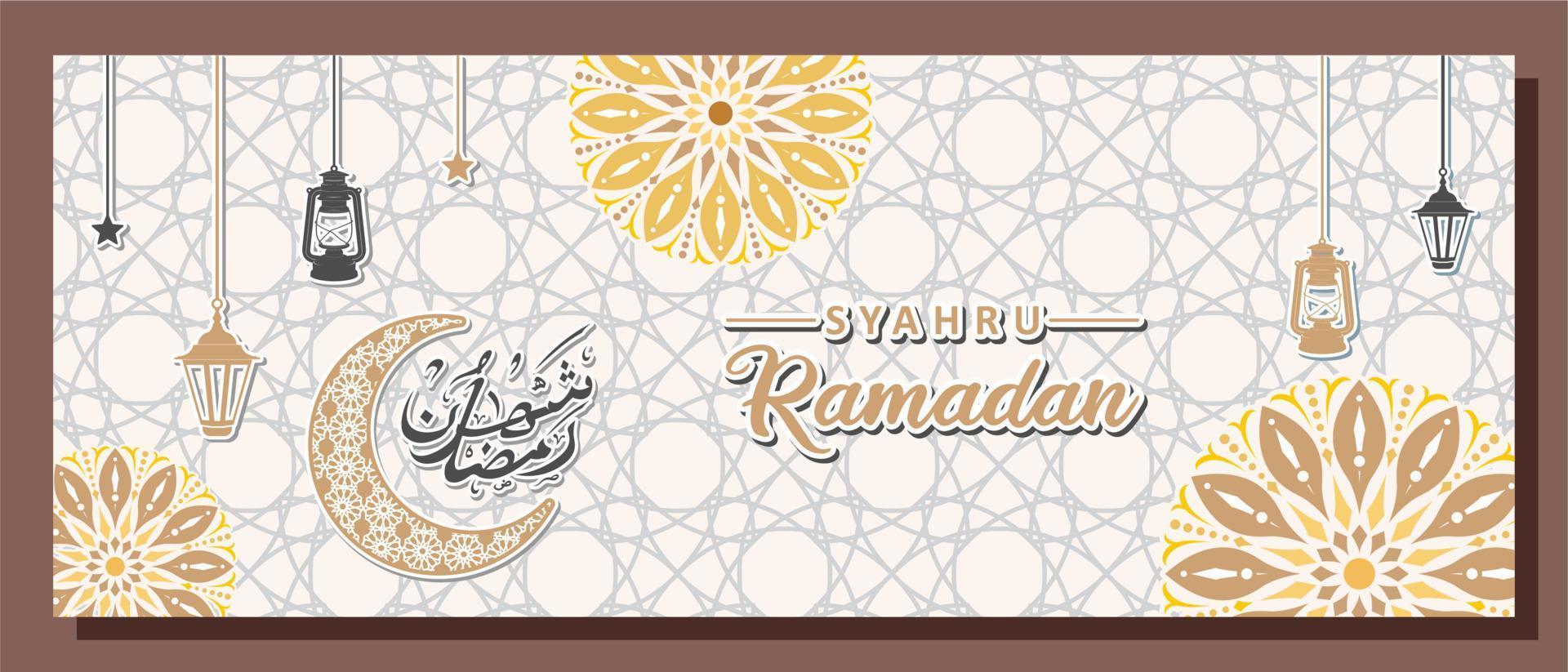 Islamic banner with Syahru Ramadan Calligraphy Translation Ramadan will enchant With Islamic Mandalas And Ornaments Design Inspiration vector