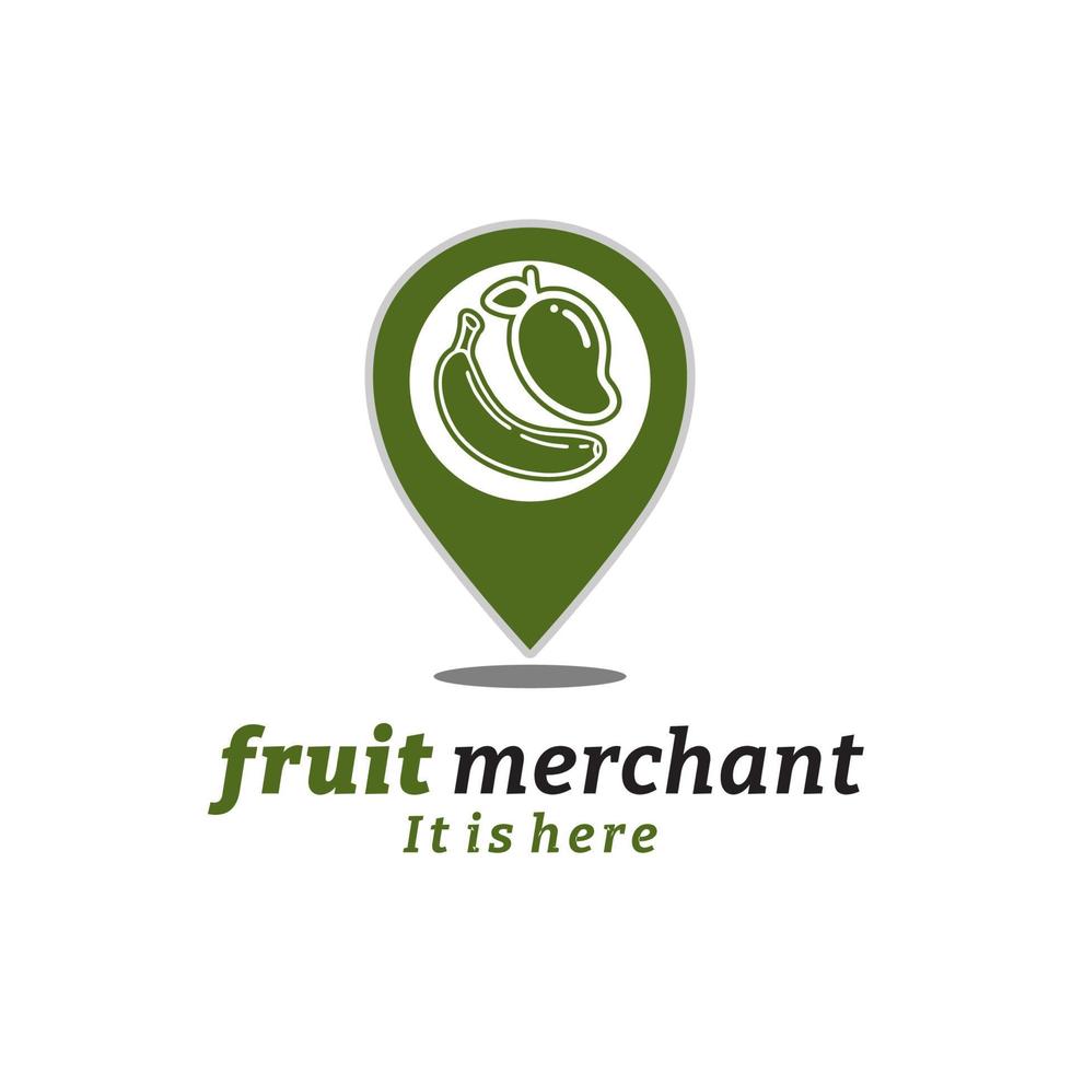 mapa de alfileres de las posiciones de las tiendas de frutas con símbolos de plátano y mango. mercado de frutas navegación gps logo vector diseño inspiración