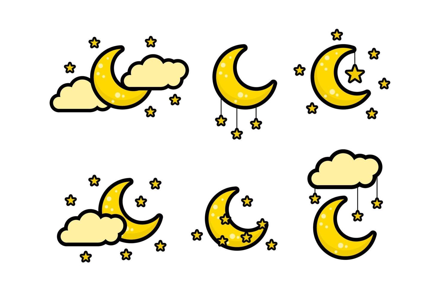 Crescent Moon, Stars And Clouds Collection Bundle Vector