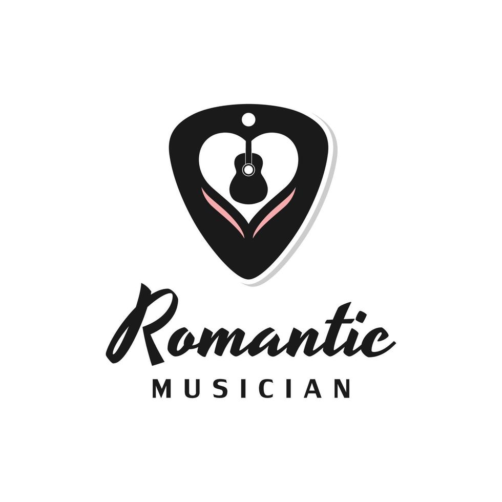 púa de guitarra amor y guitarra para músico romántico o logotipo de instrumento musical vector