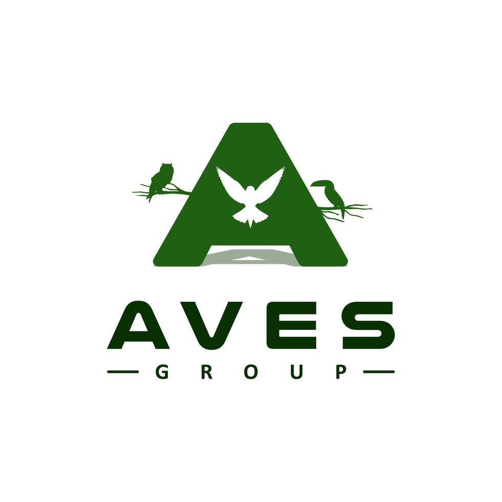 Initials A For Aves Logo With Tree Branch, Owl, Penguin, Pigeon, Toucan Vector Design for Outdoor, Apparel, Aircraft, etc