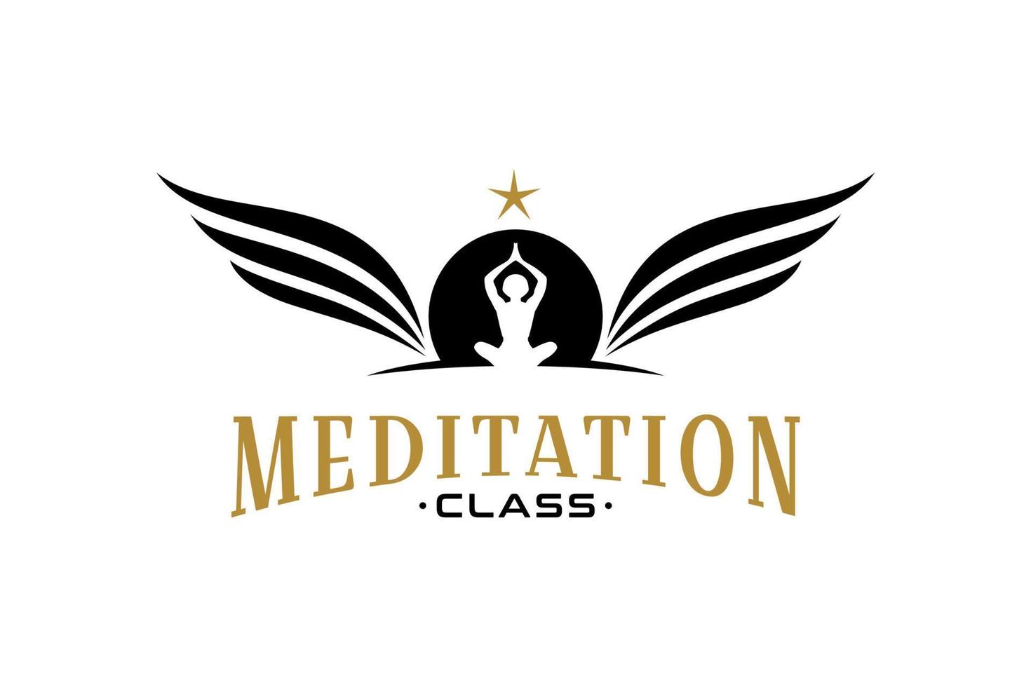 siluetas de personas de yoga con sol y alas para inspiración en el diseño del logotipo de meditación vector