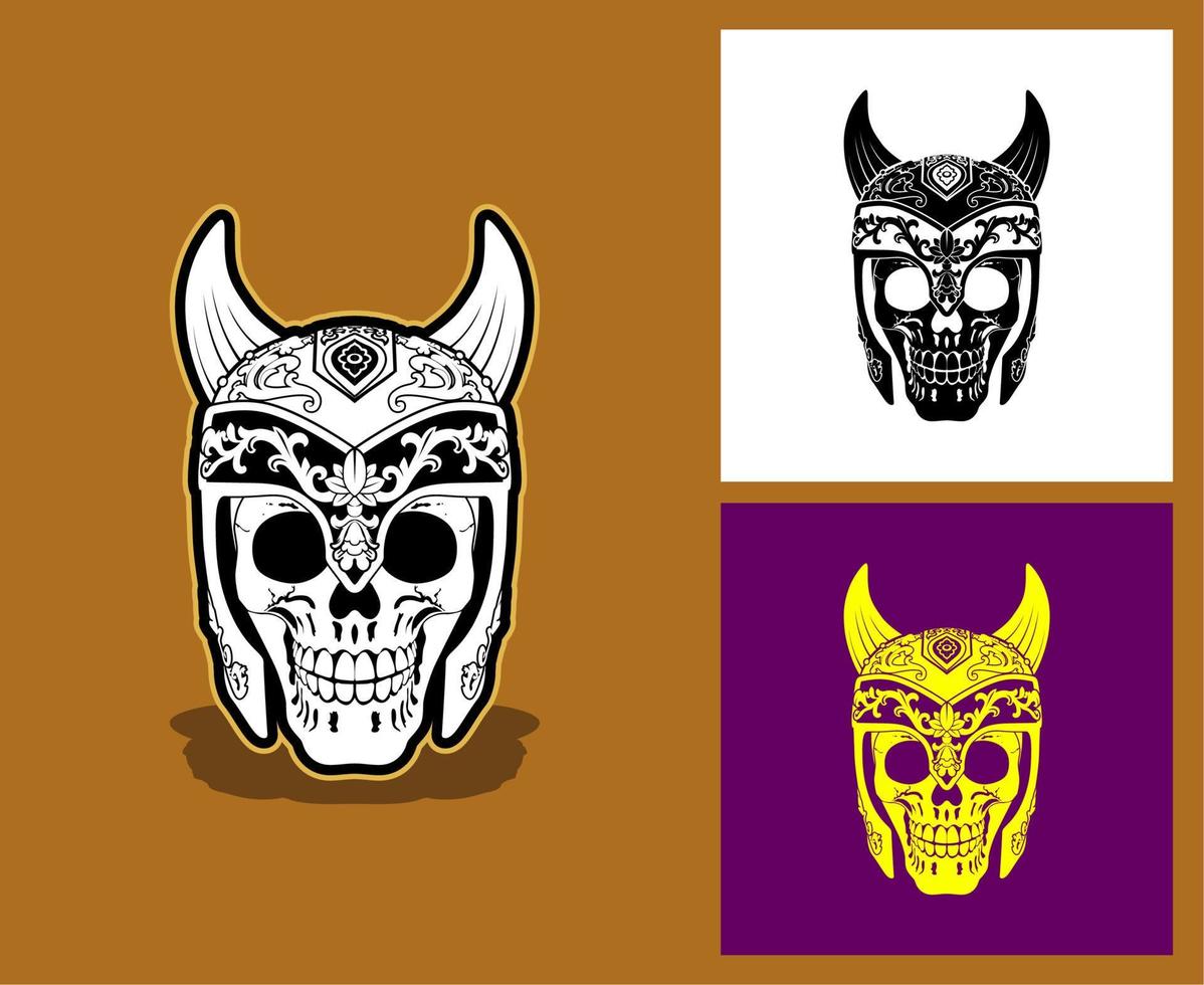 Cráneo de casco medieval con cuernos. perfecto para el logotipo de la tienda de juegos, la comunidad de jugadores, el artista del tatuaje, etc. vector