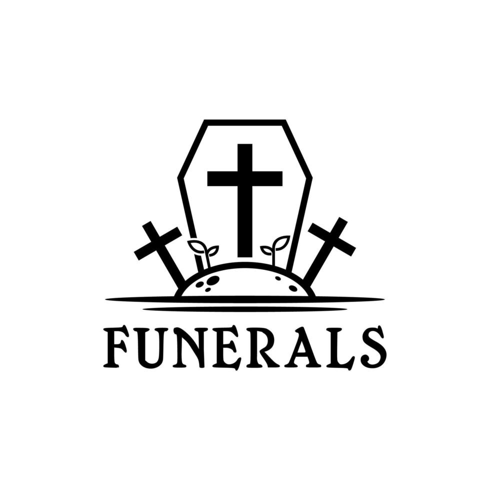 Funeral Cemetery Logo With Cross And Coffin Design Inspiration vector