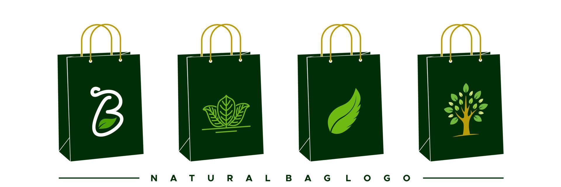 bolsa de compras natural con diseño de vectores de iconos de hojas, plantas y árboles