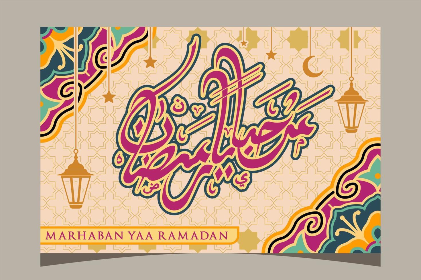 texto de caligrafía islámica árabe marhaban ya ramadhan traducción hola ramadán, se puede usar para plantillas de banner de eventos de sharia islámica o ramadán vector