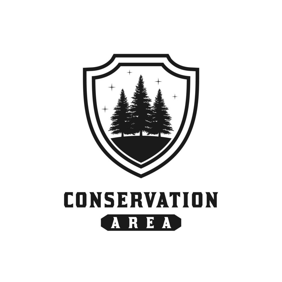 pino con escudo para el logotipo del bosque protegido o inspiración para el diseño de la reserva natural vector