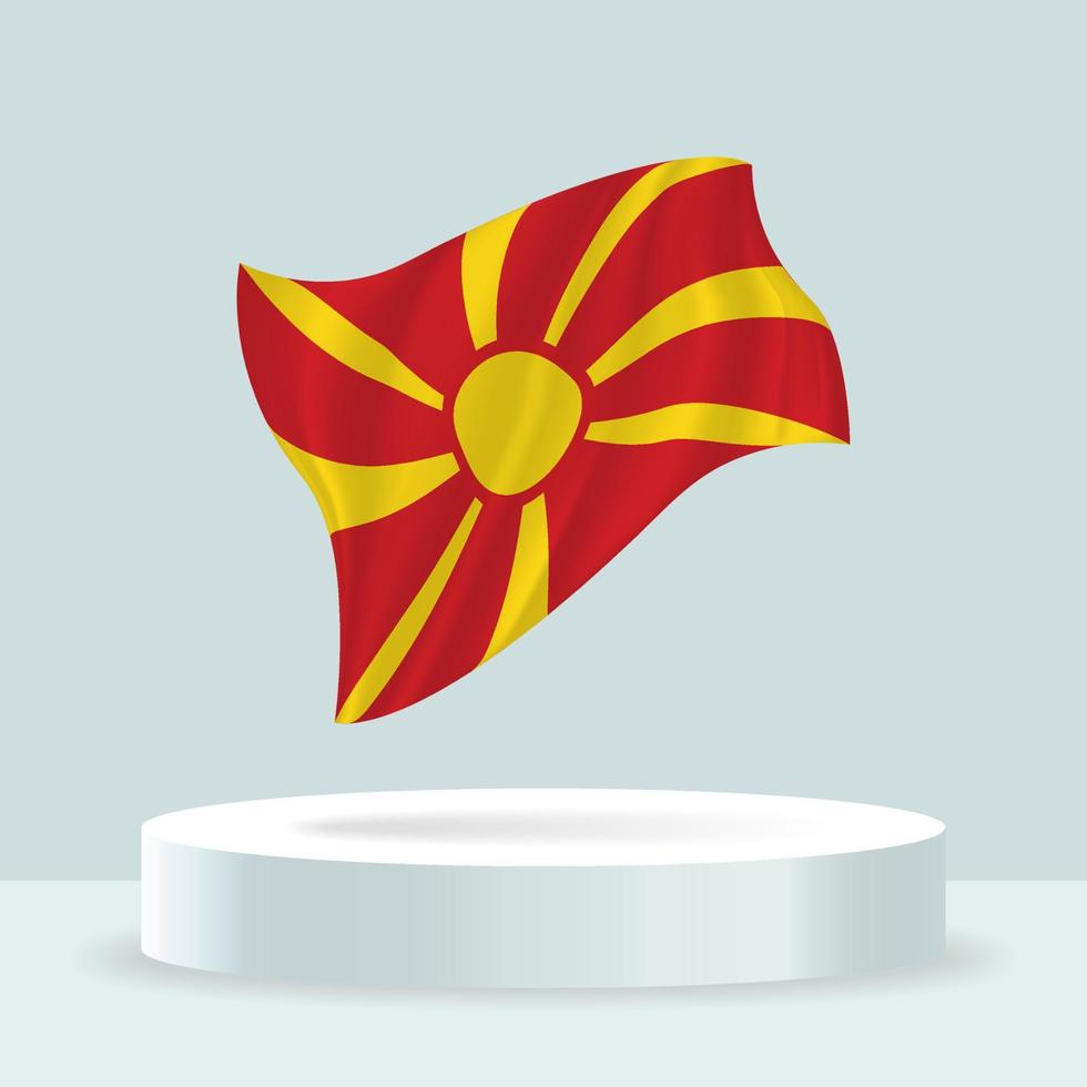 bandera de macedonia Representación 3D de la bandera que se muestra en el stand. bandera ondeante en colores pastel modernos. dibujo de banderas, sombreado y color en capas separadas, ordenadamente en grupos para facilitar la edición. vector