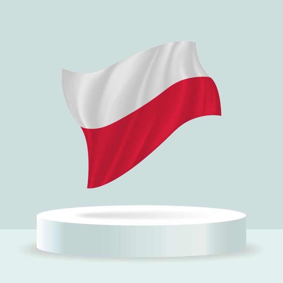 bandera de polonia Representación 3d de la bandera que se muestra en el stand. bandera ondeante en colores pastel modernos. dibujo de banderas, sombreado y color en capas separadas, ordenadamente en grupos para facilitar la edición. vector