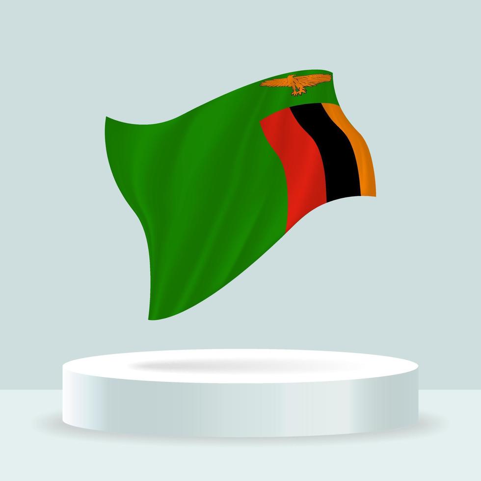 bandera de zambia Representación 3d de la bandera que se muestra en el stand. bandera ondeante en colores pastel modernos. dibujo de banderas, sombreado y color en capas separadas, ordenadamente en grupos para facilitar la edición. vector