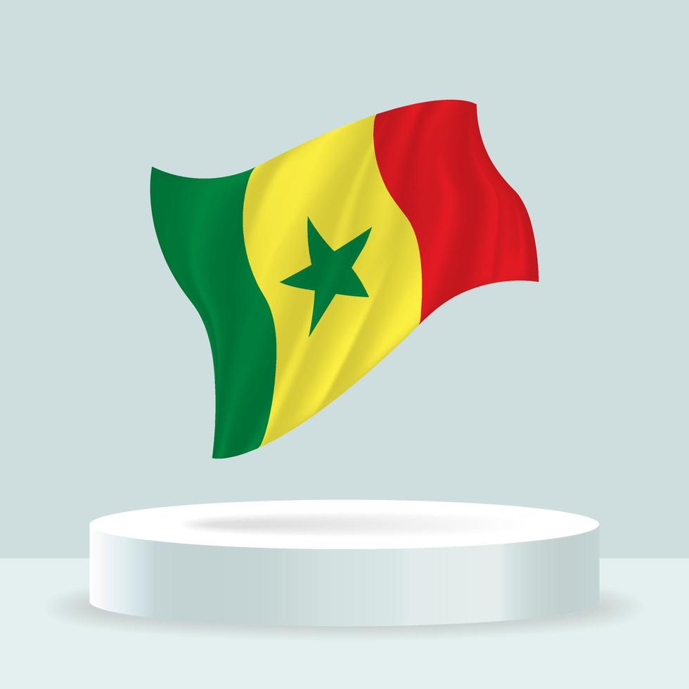 bandera senegalesa Representación 3d de la bandera que se muestra en el stand. bandera ondeante en colores pastel modernos. dibujo de banderas, sombreado y color en capas separadas, ordenadamente en grupos para facilitar la edición. vector